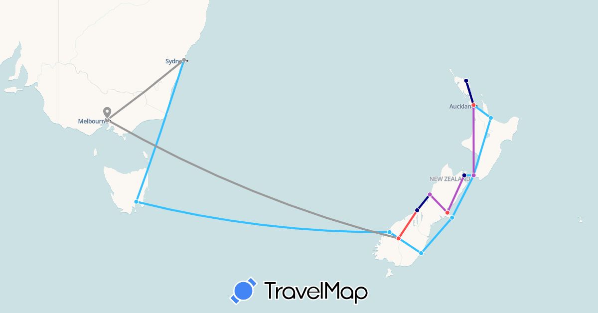 TravelMap itinerary: driving, plane, train, hiking, boat in Australia, New Zealand (Oceania)